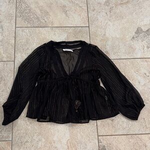 Zara Elegant Black With Gold Strips Sheer Women's Top Size Medium